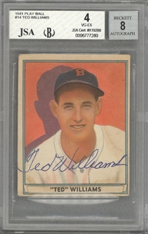 1941 Play Ball #14 Ted Williams Signed Card – BVG VG-EX 4/JSA 8